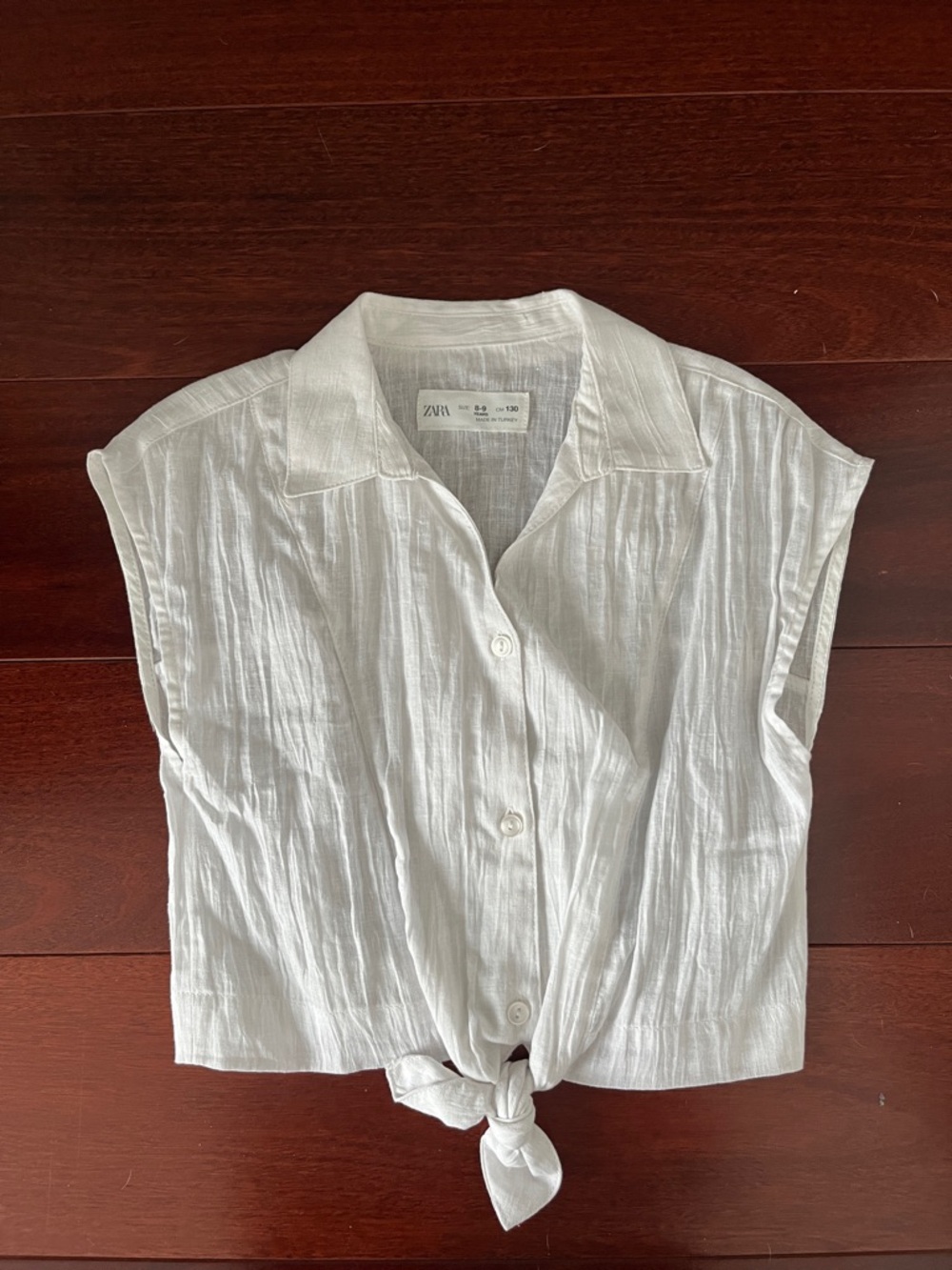 Zara White Button-Front Tie Hem Cap Sleeve Shirt